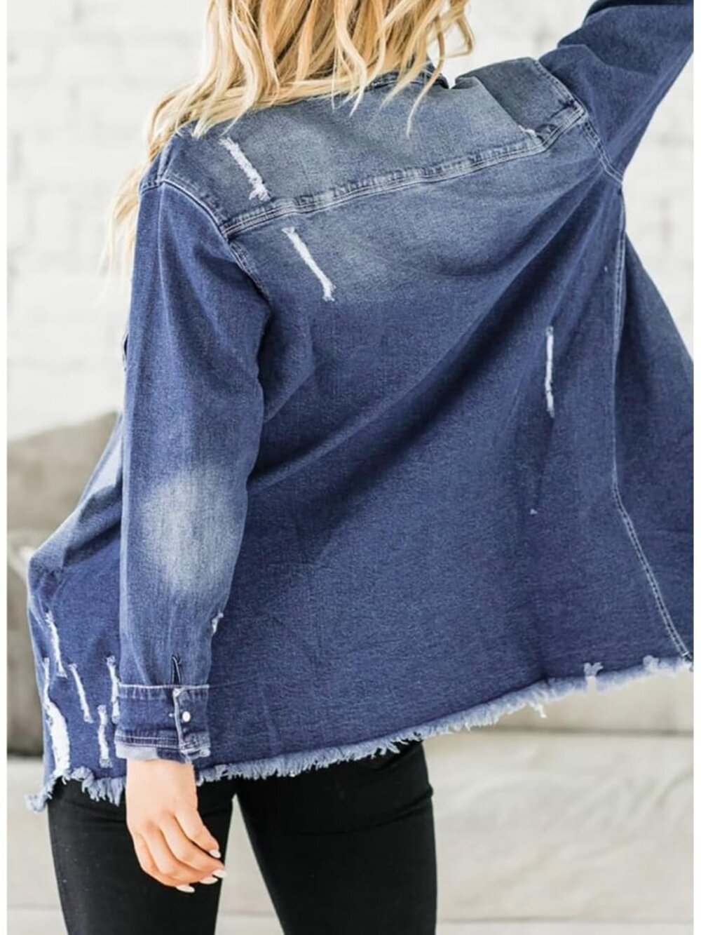 Women's Blue Button Down Oversized Distressed Boyfriend Jean Jacket Fall Outfits - Picture 5 of 6